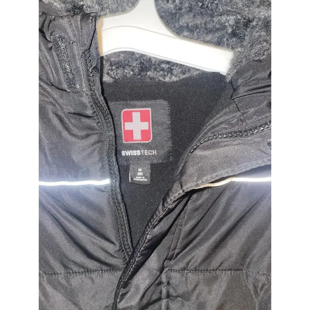SWISS TECH Kids Puffer Jacket Boys Zip Up Hoodie Pockets Black Sz 8 B001